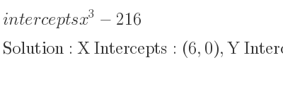The intercepts of x^3-216 is X Intercepts: (6,0),Y Intercepts: (0,-216)